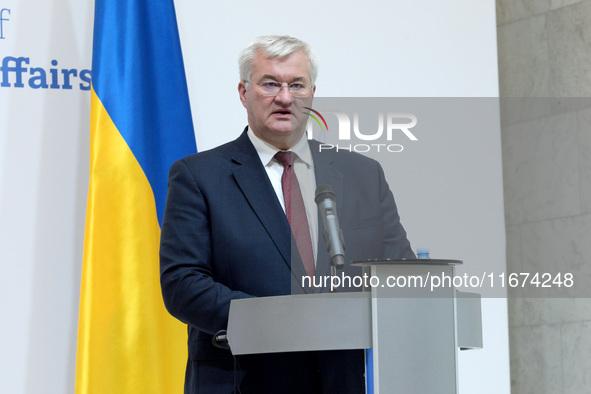 Minister of Foreign Affairs of Ukraine Andrii Sybiha attends a joint news conference with Minister of Foreign Affairs of the Kingdom of Norw...