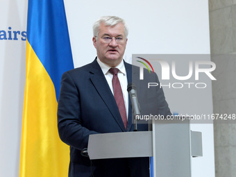 Minister of Foreign Affairs of Ukraine Andrii Sybiha attends a joint news conference with Minister of Foreign Affairs of the Kingdom of Norw...