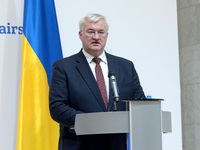 Minister of Foreign Affairs of Ukraine Andrii Sybiha attends a joint news conference with Minister of Foreign Affairs of the Kingdom of Norw...