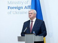 Minister of Foreign Affairs of Ukraine Andrii Sybiha attends a joint news conference with Minister of Foreign Affairs of the Kingdom of Norw...