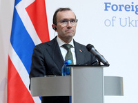 Minister of Foreign Affairs of the Kingdom of Norway, Espen Barth Eide, attends a joint news conference with Minister of Foreign Affairs of...