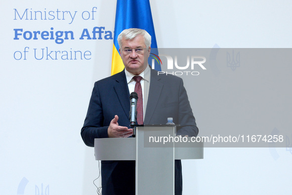 Minister of Foreign Affairs of Ukraine Andrii Sybiha attends a joint news conference with Minister of Foreign Affairs of the Kingdom of Norw...