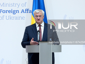 Minister of Foreign Affairs of Ukraine Andrii Sybiha attends a joint news conference with Minister of Foreign Affairs of the Kingdom of Norw...