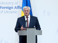 Minister of Foreign Affairs of Ukraine Andrii Sybiha attends a joint news conference with Minister of Foreign Affairs of the Kingdom of Norw...