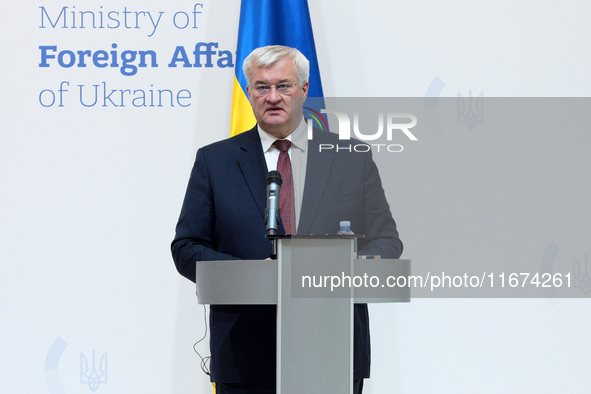 Minister of Foreign Affairs of Ukraine Andrii Sybiha attends a joint news conference with Minister of Foreign Affairs of the Kingdom of Norw...