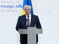 Minister of Foreign Affairs of Ukraine Andrii Sybiha attends a joint news conference with Minister of Foreign Affairs of the Kingdom of Norw...