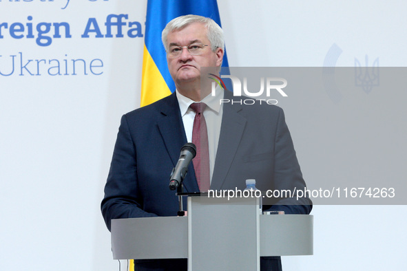 Minister of Foreign Affairs of Ukraine Andrii Sybiha attends a joint news conference with Minister of Foreign Affairs of the Kingdom of Norw...