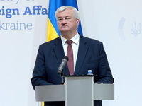 Minister of Foreign Affairs of Ukraine Andrii Sybiha attends a joint news conference with Minister of Foreign Affairs of the Kingdom of Norw...