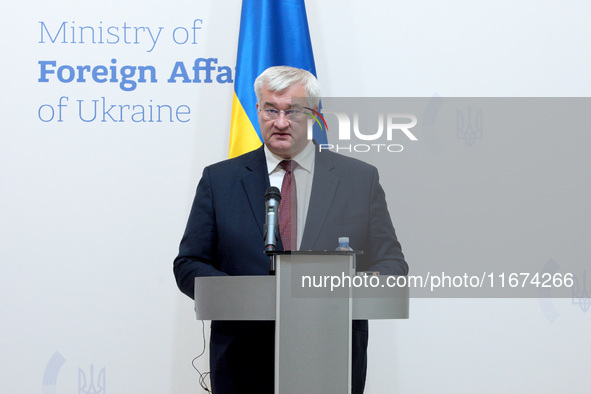 Minister of Foreign Affairs of Ukraine Andrii Sybiha attends a joint news conference with Minister of Foreign Affairs of the Kingdom of Norw...