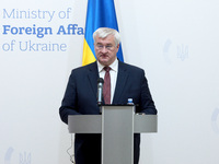 Minister of Foreign Affairs of Ukraine Andrii Sybiha attends a joint news conference with Minister of Foreign Affairs of the Kingdom of Norw...