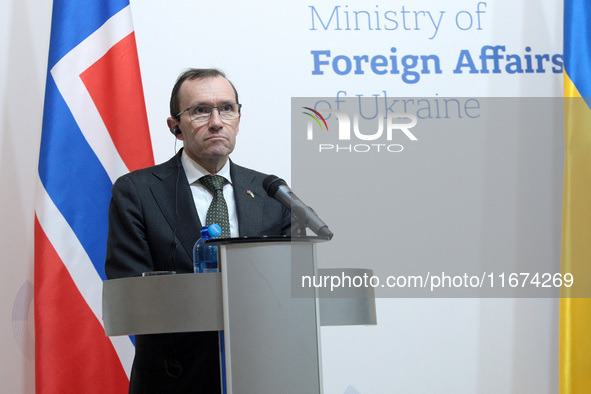 Minister of Foreign Affairs of the Kingdom of Norway, Espen Barth Eide, attends a joint news conference with Minister of Foreign Affairs of...