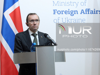 Minister of Foreign Affairs of the Kingdom of Norway, Espen Barth Eide, attends a joint news conference with Minister of Foreign Affairs of...