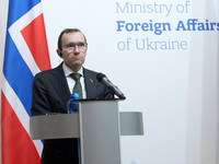 Minister of Foreign Affairs of the Kingdom of Norway, Espen Barth Eide, attends a joint news conference with Minister of Foreign Affairs of...