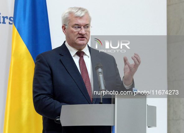 Minister of Foreign Affairs of Ukraine Andrii Sybiha attends a joint news conference with Minister of Foreign Affairs of the Kingdom of Norw...