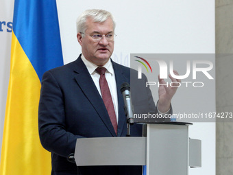 Minister of Foreign Affairs of Ukraine Andrii Sybiha attends a joint news conference with Minister of Foreign Affairs of the Kingdom of Norw...