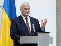 Minister of Foreign Affairs of Ukraine Andrii Sybiha attends a joint news conference with Minister of Foreign Affairs of the Kingdom of Norw...