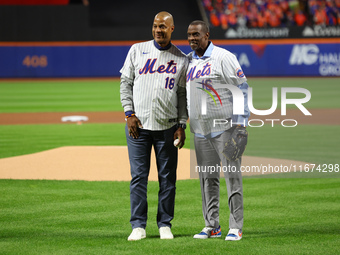 New York Mets Hall of Famer and 1986 World Series Champion Darryl Strawberry throws out the ceremonial first pitch to former teammate, fello...