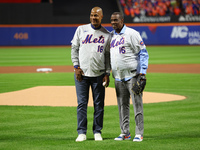 New York Mets Hall of Famer and 1986 World Series Champion Darryl Strawberry throws out the ceremonial first pitch to former teammate, fello...