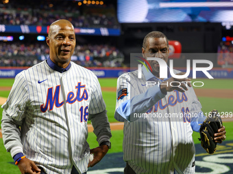 New York Mets Hall of Famer and 1986 World Series Champion Darryl Strawberry throws out the ceremonial first pitch to former teammate, fello...