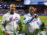 New York Mets Hall of Famer and 1986 World Series Champion Darryl Strawberry throws out the ceremonial first pitch to former teammate, fello...