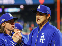 Shohei Ohtani #17 of the Los Angeles Dodgers celebrates their 9-0 victory in Game 3 of the baseball NL Championship Series against the New Y...