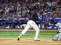 New York Mets' Starling Marte #6 is hit by a pitch during the third inning in Game 3 of the baseball NL Championship Series against the Los...