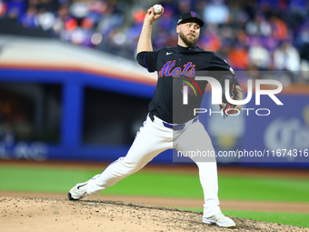 New York Mets starting pitcher Tylor Megill #38 throws during the seventh inning in Game 3 of the baseball NL Championship Series against th...