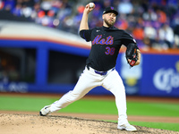 New York Mets starting pitcher Tylor Megill #38 throws during the seventh inning in Game 3 of the baseball NL Championship Series against th...