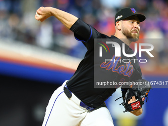 New York Mets starting pitcher Tylor Megill #38 throws during the seventh inning in Game 3 of the baseball NL Championship Series against th...