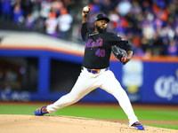 New York Mets starting pitcher Luis Severino #40 throws during the first inning in Game 3 of the baseball NL Championship Series against the...