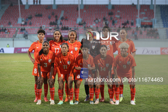 The Indian women's team participates in the SAFF Women's Championship 2024 and poses for a group photo ahead of the match in Kathmandu, Nepa...