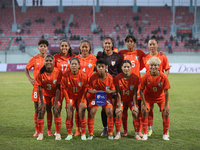 The Indian women's team participates in the SAFF Women's Championship 2024 and poses for a group photo ahead of the match in Kathmandu, Nepa...