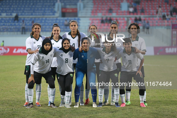 The Pakistan women's team participates in the SAFF Women's Championship 2024 and poses for a group photo ahead of the match in Kathmandu, Ne...