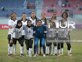 The Pakistan women's team participates in the SAFF Women's Championship 2024 and poses for a group photo ahead of the match in Kathmandu, Ne...