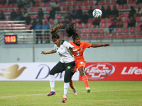 Players from India and Pakistan compete in the first-round match of the SAFF Women's Championship 2024 in Kathmandu, Nepal, on October 17, 2...