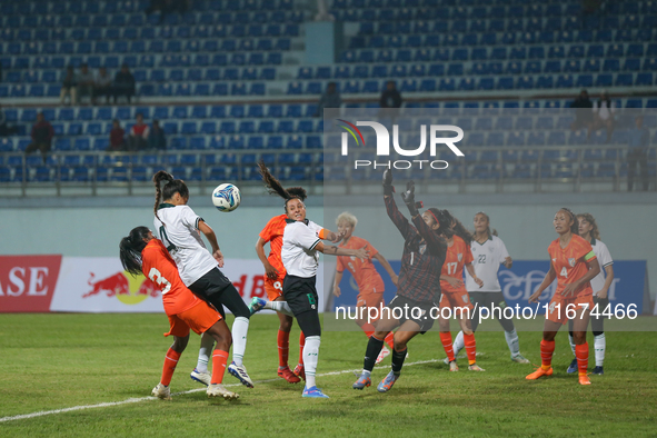 Players from India and Pakistan compete in the first-round match of the SAFF Women's Championship 2024 in Kathmandu, Nepal, on October 17, 2...