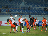 Players from India and Pakistan compete in the first-round match of the SAFF Women's Championship 2024 in Kathmandu, Nepal, on October 17, 2...