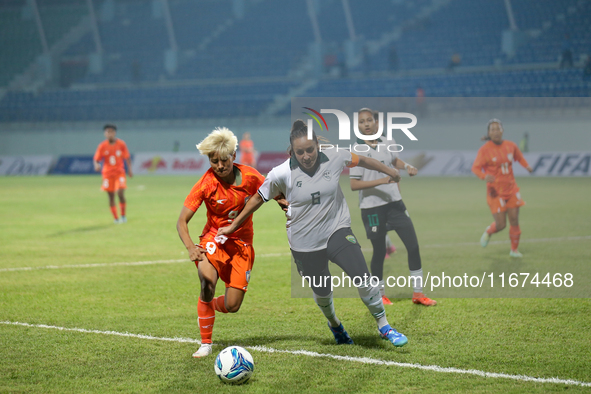 Players from India and Pakistan compete in the first-round match of the SAFF Women's Championship 2024 in Kathmandu, Nepal, on October 17, 2...