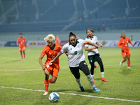 Players from India and Pakistan compete in the first-round match of the SAFF Women's Championship 2024 in Kathmandu, Nepal, on October 17, 2...