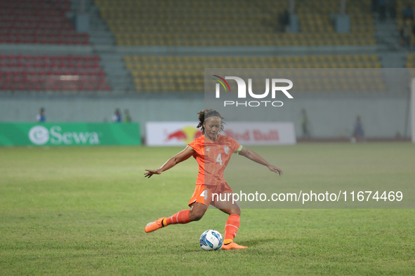 Players from India and Pakistan compete in the first-round match of the SAFF Women's Championship 2024 in Kathmandu, Nepal, on October 17, 2...