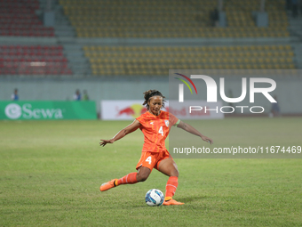 Players from India and Pakistan compete in the first-round match of the SAFF Women's Championship 2024 in Kathmandu, Nepal, on October 17, 2...