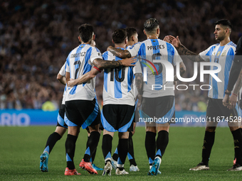 Lionel Messi of Argentina celebrates with his teammates after scoring the fifth goal of his team during the FIFA World Cup 2026 Qualifier ma...