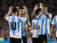 Lionel Messi of Argentina celebrates with his teammates after scoring the fifth goal of his team during the FIFA World Cup 2026 Qualifier ma...