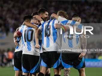 Lionel Messi of Argentina celebrates with his teammates after scoring the fifth goal of his team during the FIFA World Cup 2026 Qualifier ma...