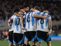 Lionel Messi of Argentina celebrates with his teammates after scoring the fifth goal of his team during the FIFA World Cup 2026 Qualifier ma...