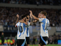 Lionel Messi of Argentina celebrates with his teammates after scoring the fifth goal of his team during the FIFA World Cup 2026 Qualifier ma...