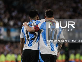 Lionel Messi and Thiago Almada of Argentina celebrate after scoring the fifth goal of their team during the FIFA World Cup 2026 Qualifier ma...