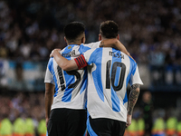 Lionel Messi and Thiago Almada of Argentina celebrate after scoring the fifth goal of their team during the FIFA World Cup 2026 Qualifier ma...