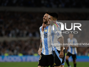 Lionel Messi and Thiago Almada of Argentina celebrate after scoring the fifth goal of their team during the FIFA World Cup 2026 Qualifier ma...