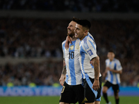 Lionel Messi and Thiago Almada of Argentina celebrate after scoring the fifth goal of their team during the FIFA World Cup 2026 Qualifier ma...